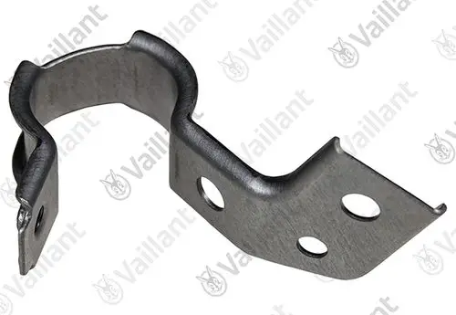 Halter von Vaillant aus Metall mit gebogener Form und zwei Löchern für die Befestigung. Geeignet für verschiedene Anwendungen in Heizsystemen.